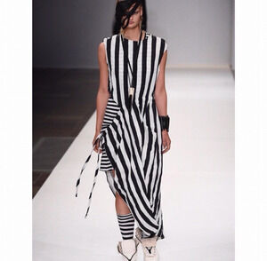Barbara I Gongini Linen Black White Striped Wrap Midi Dress Size 38 Avant Garde
